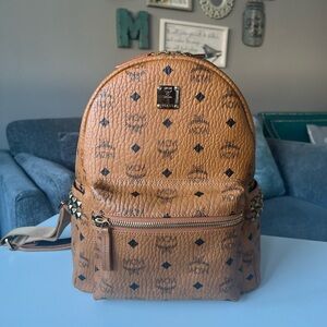 MCM Cognac Logo Visetos Studded Small Backpack